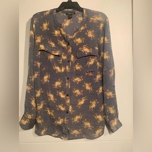 BYdesign Blouse Medium Blue with Yellow Floral. Buttons down Front pockets
